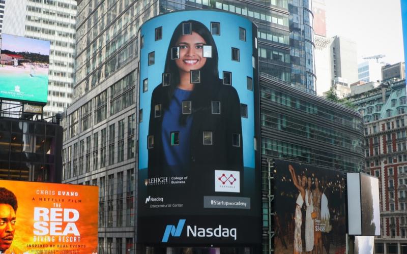 Startup Academy student on Nasdaq tower in Times Square